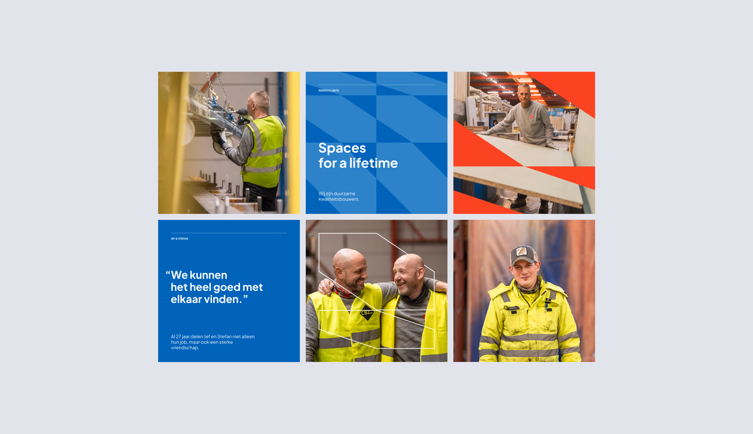 Collage met Warsco-beelden: werkplaats, portretten, citaten en slogan “Spaces for a lifetime”, toont teamspirit en duurzaamheid.