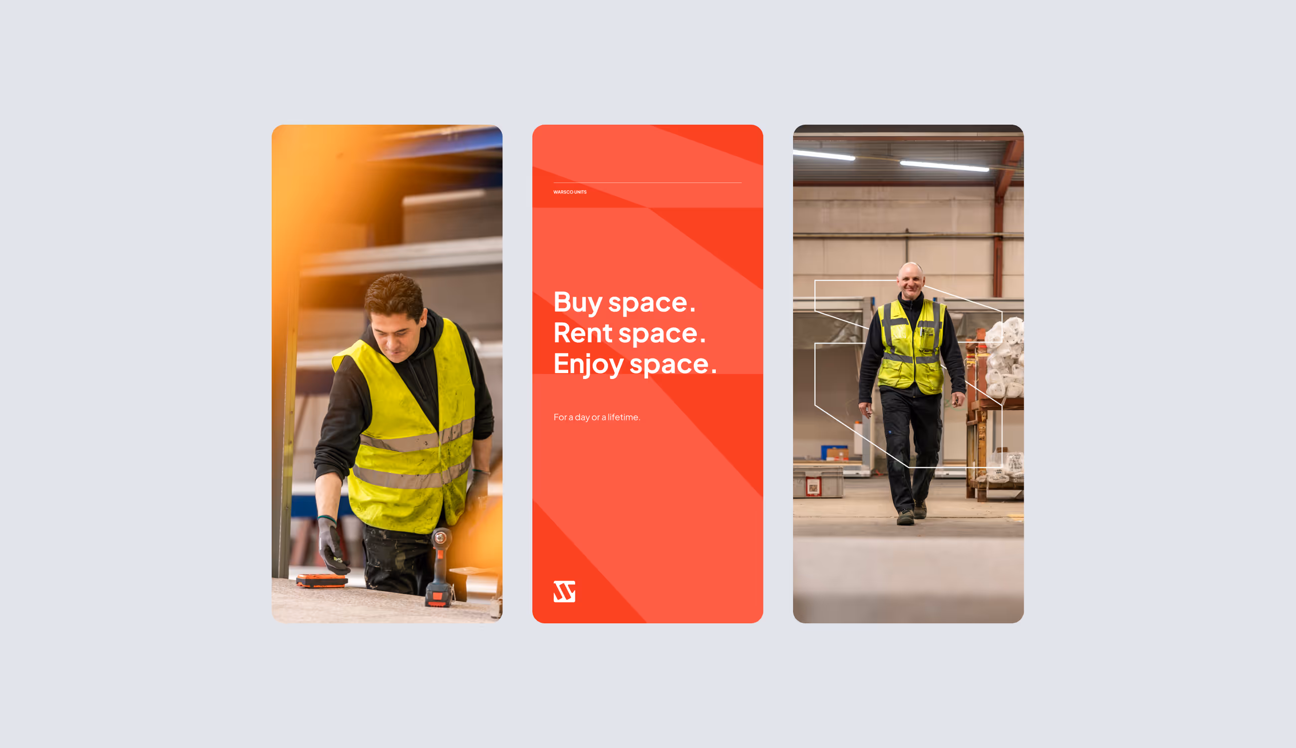 Drie verticale beelden: werknemer aan het werk, rode Warsco-slogan “Buy space. Rent space. Enjoy space.” en collega die loopt.
