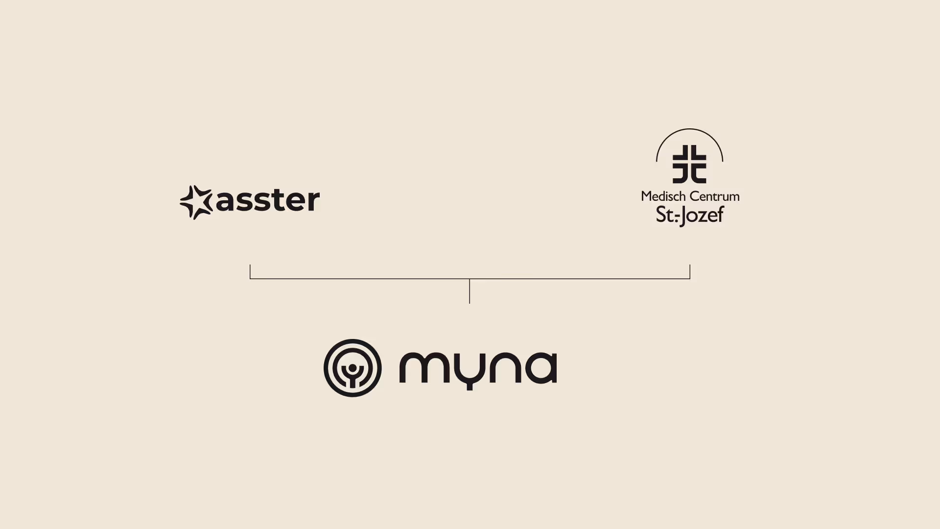 Grafische compositie met logo’s van Asster, Medisch Centrum St.-Jozef en Myna, illustreert hun samenwerking onder één zorgmerk.