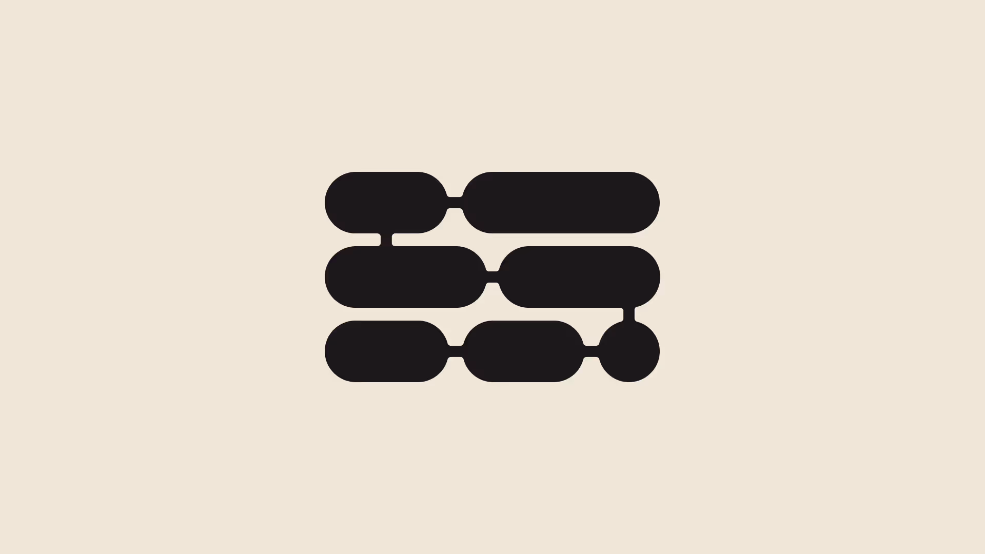 Abstract zwart symbool van verbonden lijnen op beige achtergrond, verwijst naar de visuele identiteit van Myna.