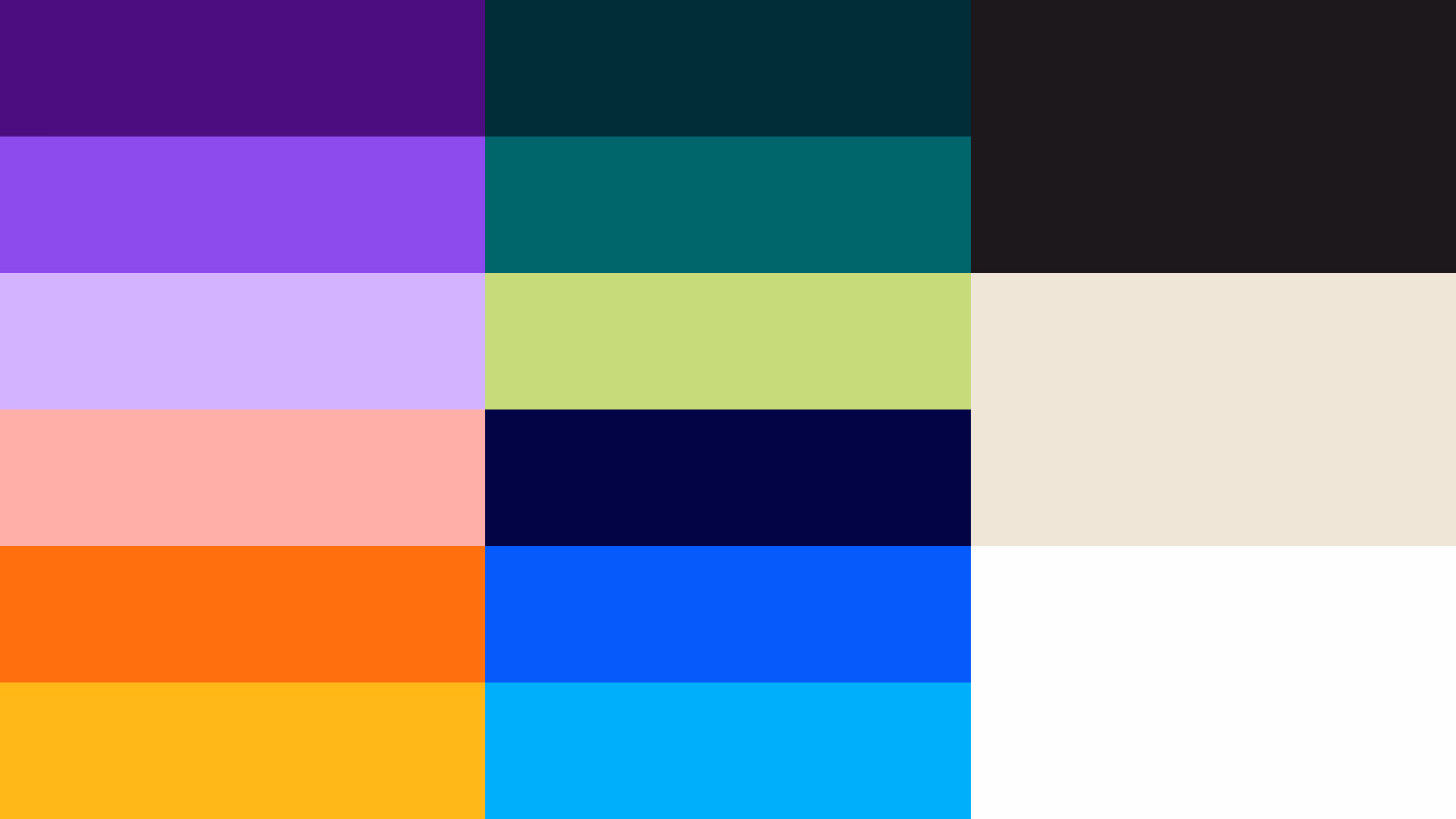 Raster van dertien kleurvlakken met het Myna-palet: van donkerpaars, zeegroen en zwart tot levendige tinten oranje, blauw, geel en turquoise, gecombineerd met zachte pastels.