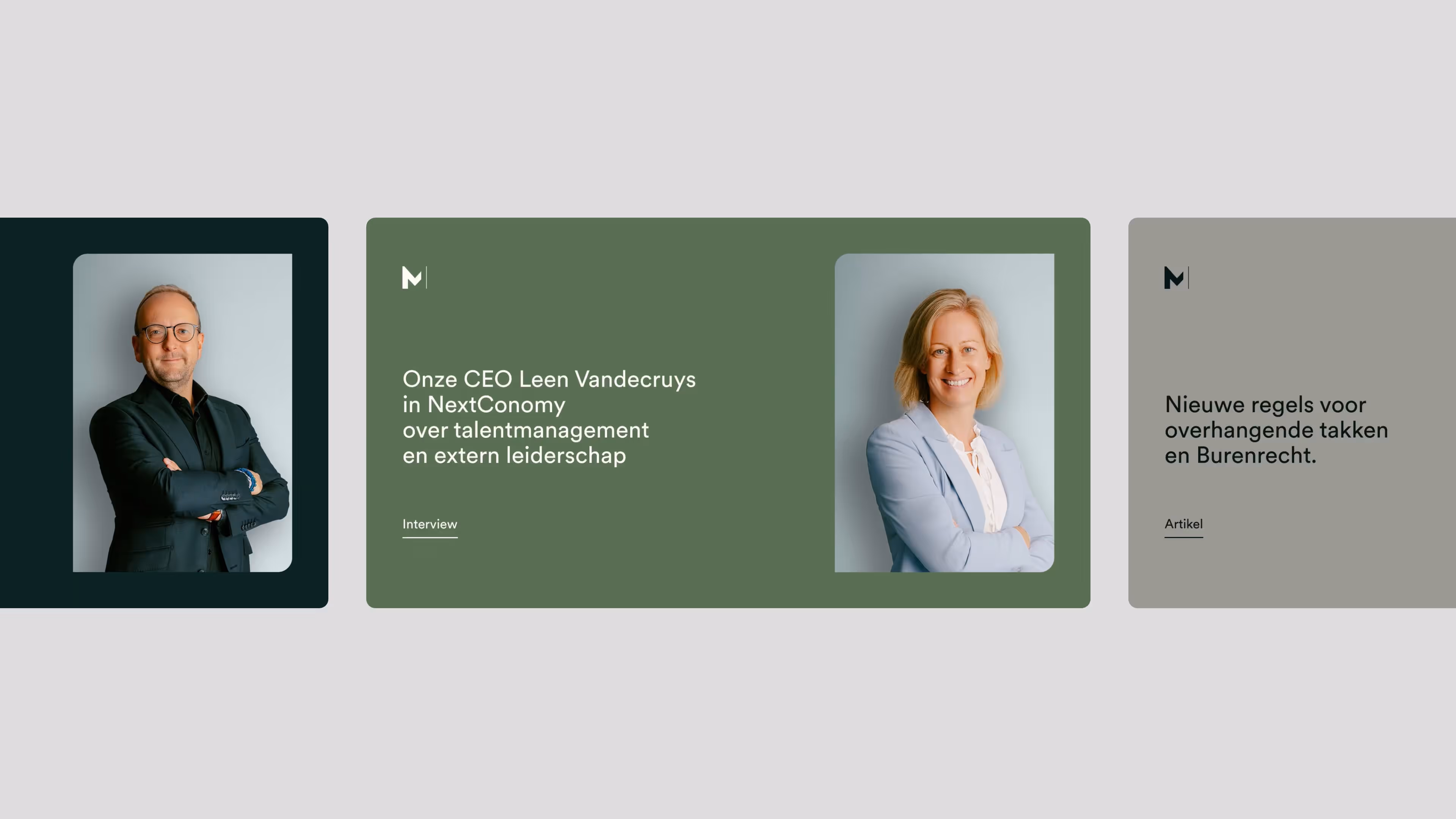 Drie Monard Law contentkaarten met portretten en artikeltitels op een lichtgrijze achtergrond.