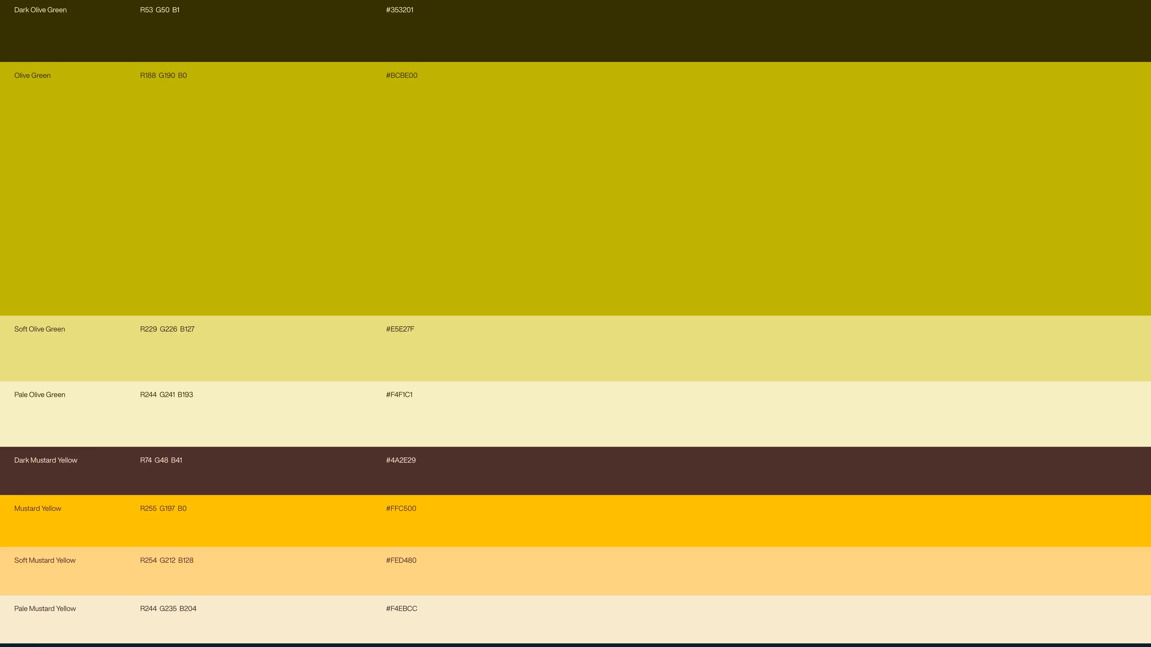Kleurenschema van De Wroeter met olijfgroene en mosterdgele tinten, inclusief kleurcodes.