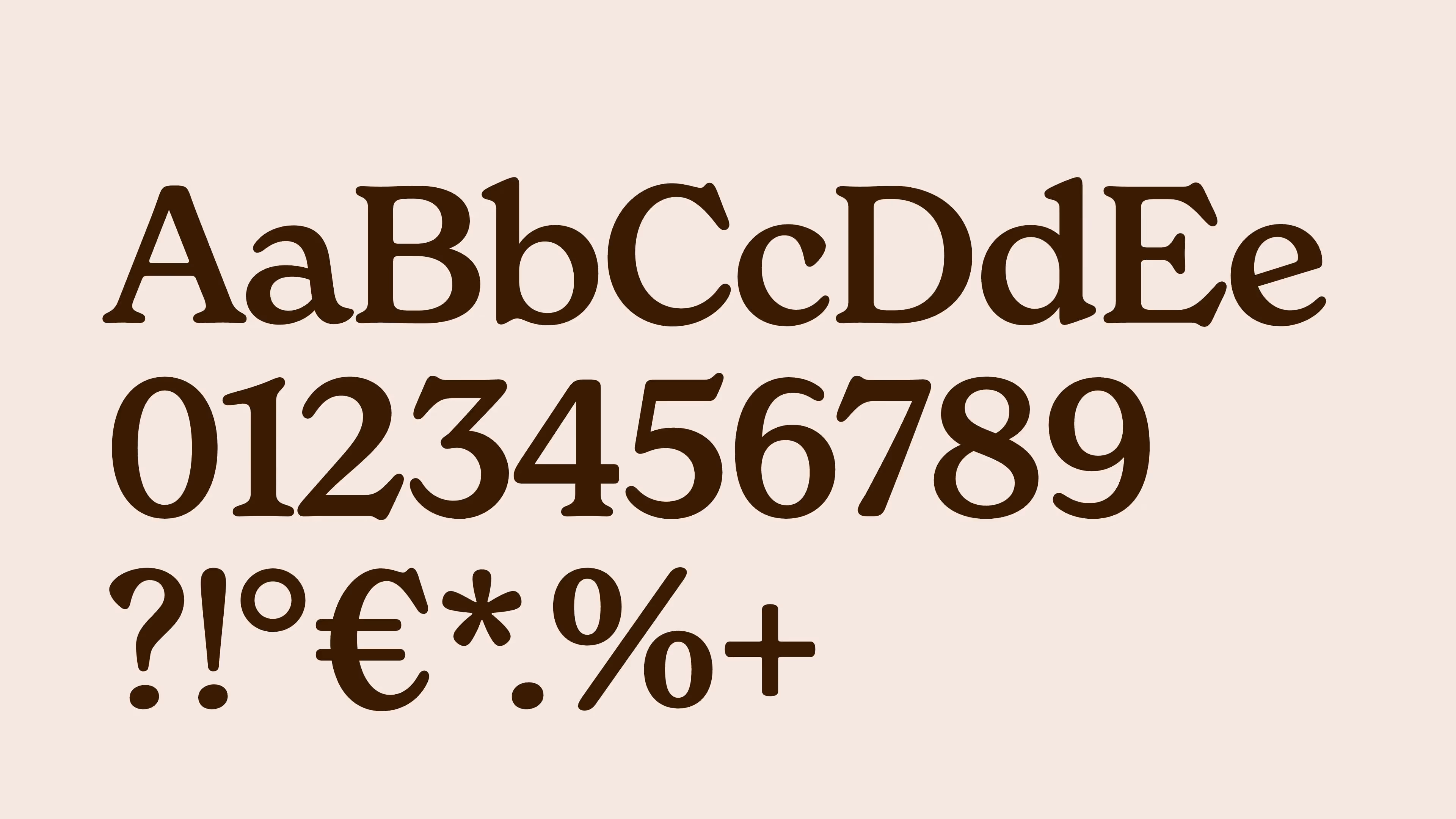 Overzicht van het De Wroeter lettertype met alfabet, cijfers en symbolen in een warme, ambachtelijke typografie.