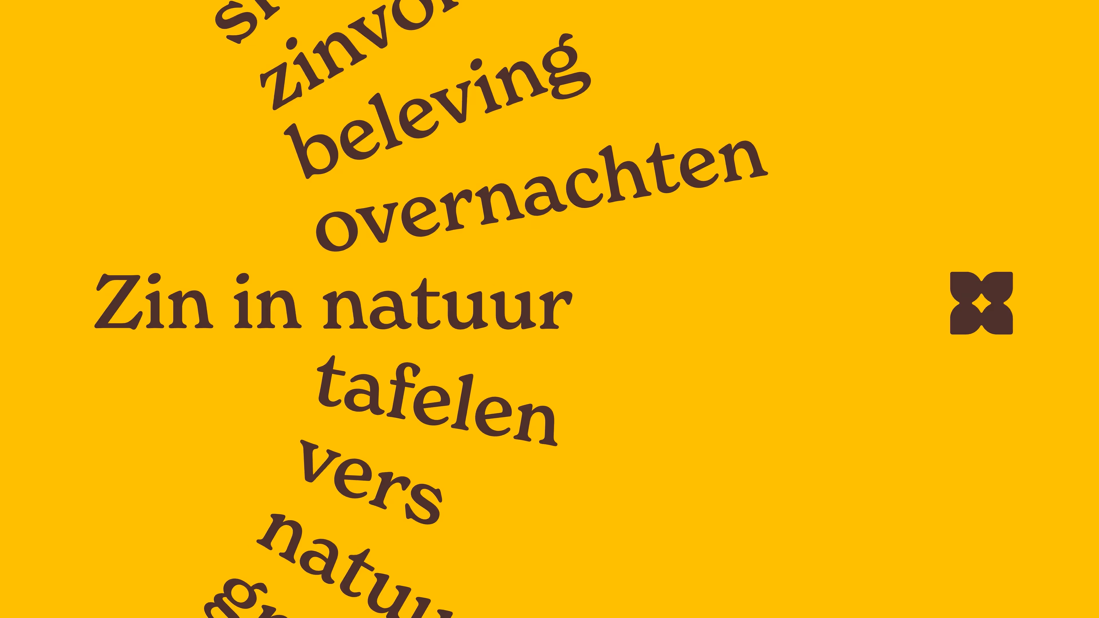 Campagnevisual van De Wroeter met typografische woorden rond natuur, tafelen, beleven en overnachten op een gele achtergrond.