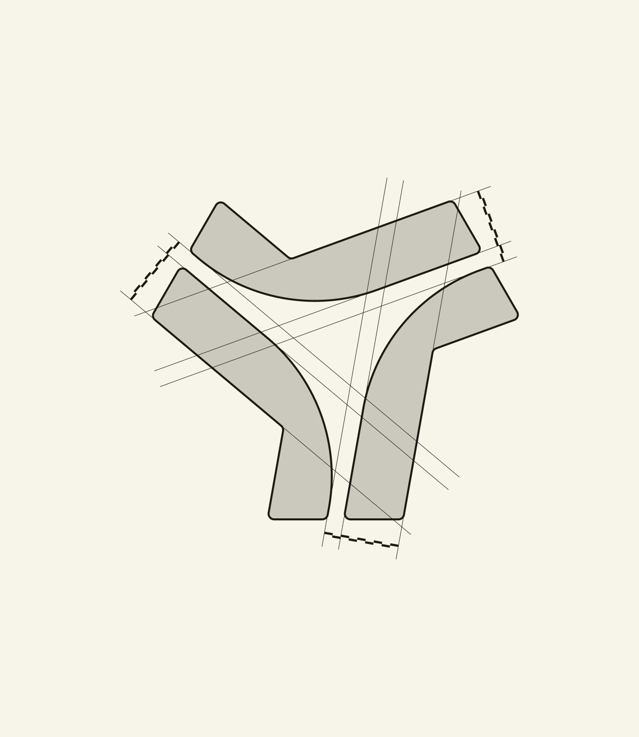 Constructietekening van het Younify-logo met geometrische hulplijnen en technische verhoudingen op een zachte ivoorkleurige achtergrond.