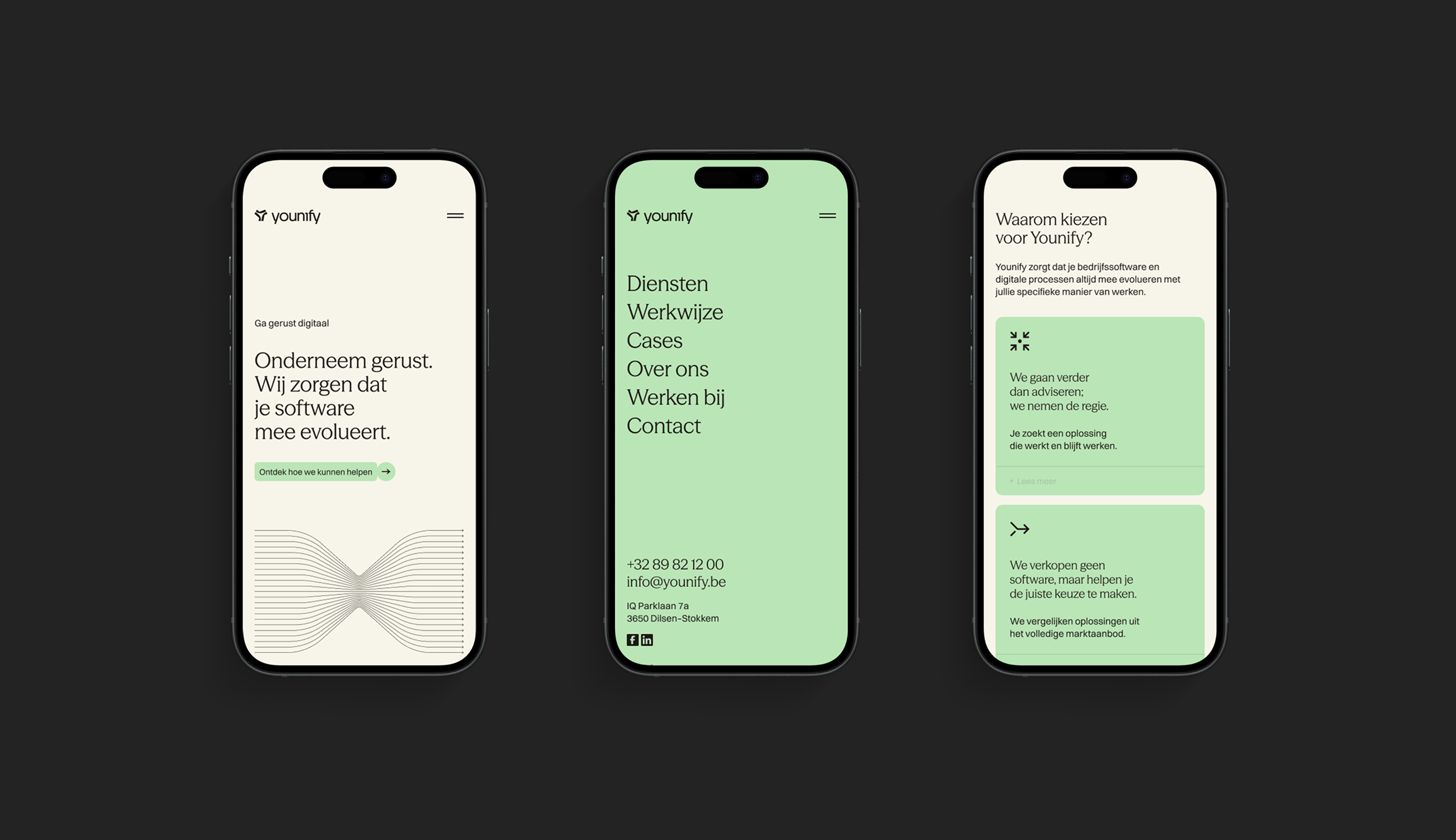 Mobiele mock-ups van de Younify-website met minimalistische interface, typografie en lichtgroene merkaccenten op donkere achtergrond.