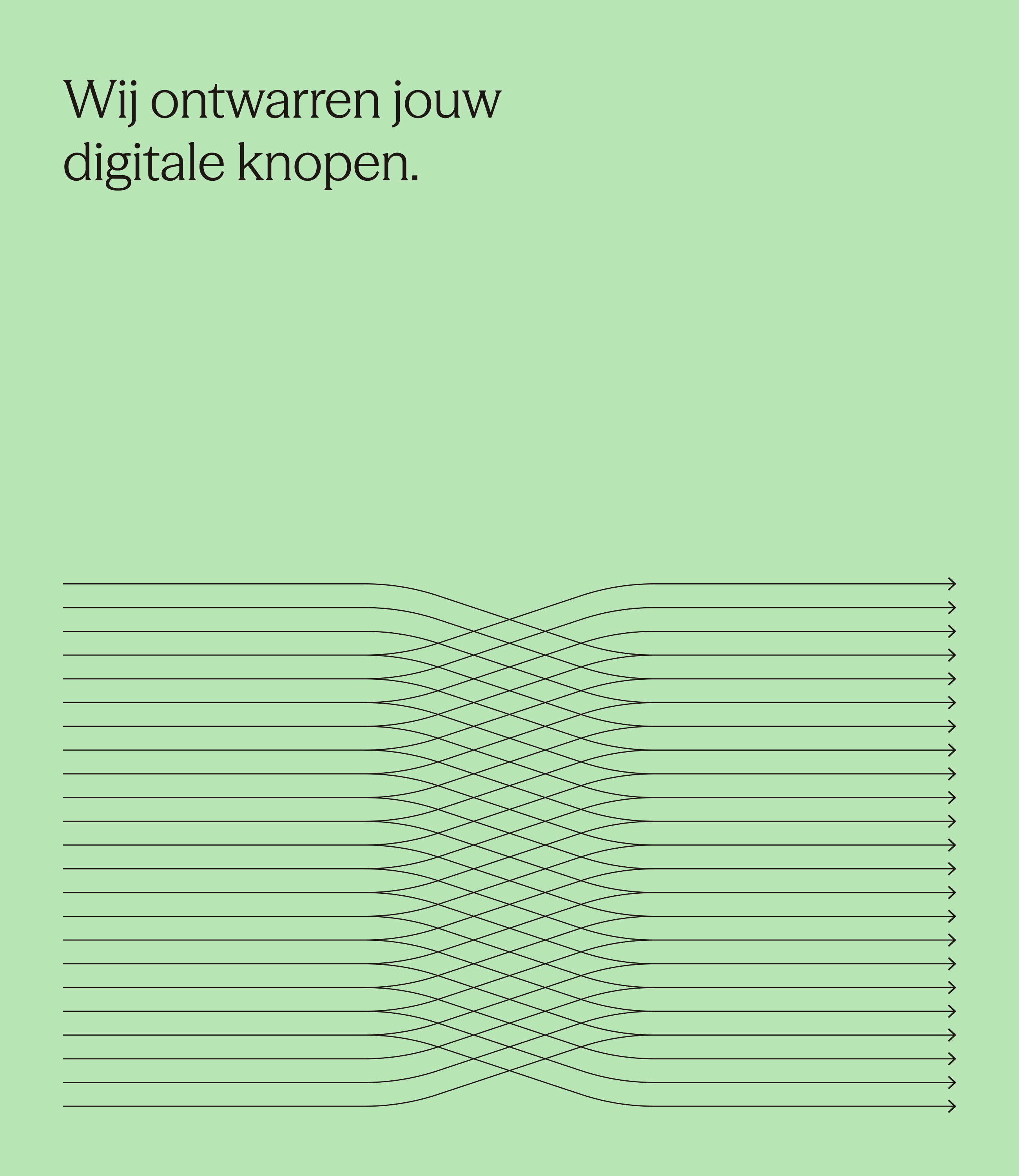 Typografische poster van Younify met de slogan “Wij ontwarren jouw digitale knopen” en een abstract lijnpatroon op lichtgroene achtergrond.