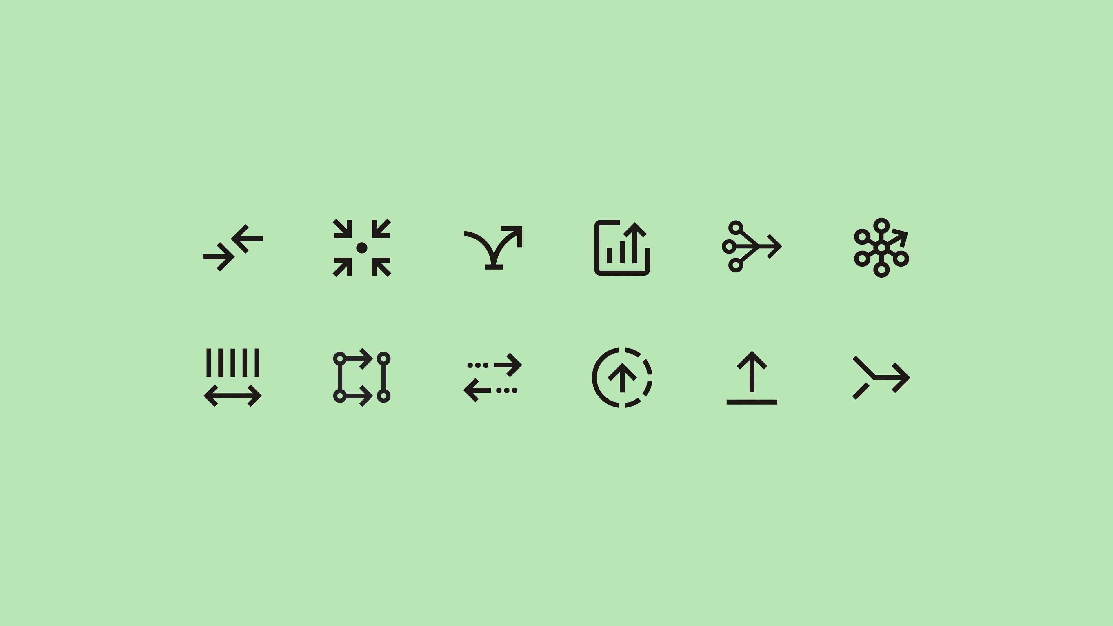 Set van minimalistische zwarte iconen op lichtgroene achtergrond die digitale processen, groei en connectiviteit visualiseren.