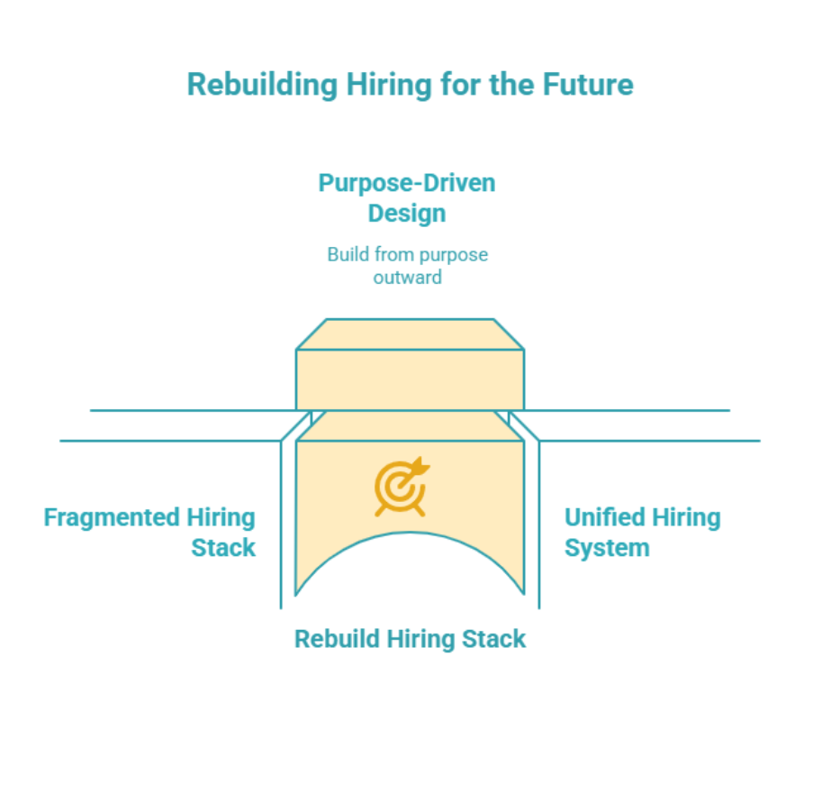Diagram showing rebuilding hiring for the future through purpose-driven design, transforming a fragmented hiring stack into a unified hiring system.