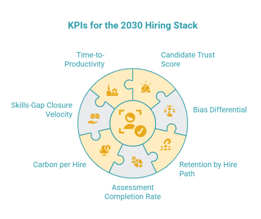 Infographic showing a puzzle-style wheel of key hiring metrics for 2030, centered on candidate evaluation and surrounded by trust, bias, retention, assessment, sustainability, and productivity KPIs.