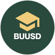 BUUSD logo featuring a beige graduation cap above white text on a dark green circular background.