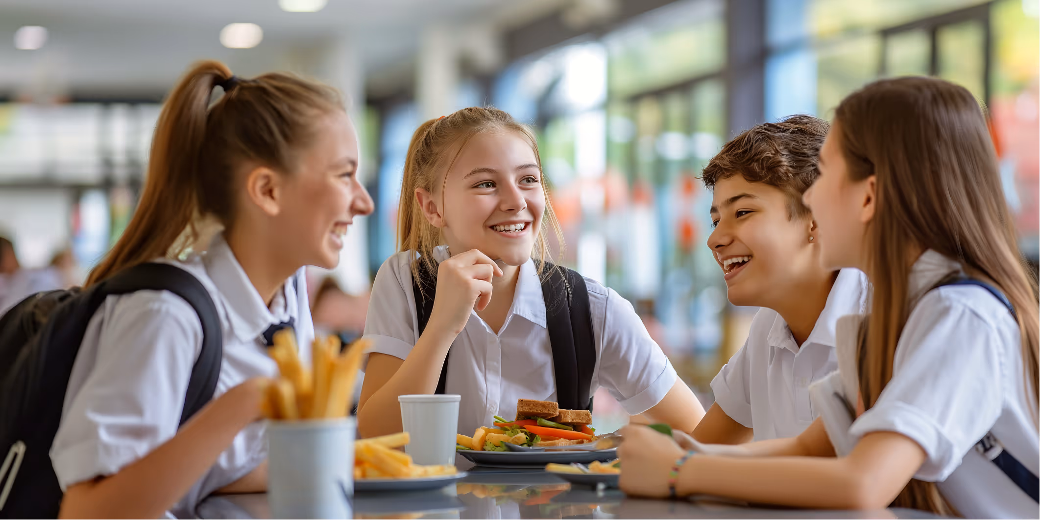 Four teenage students in school uniforms laughing and eating lunch together at a table with sandwiches and fries.