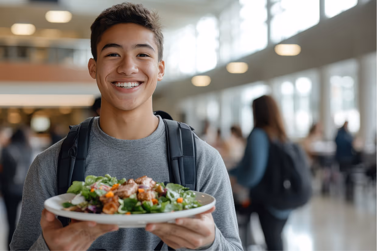 Smiling young man holding a plate of fresh salad in a bright cafeteria.
