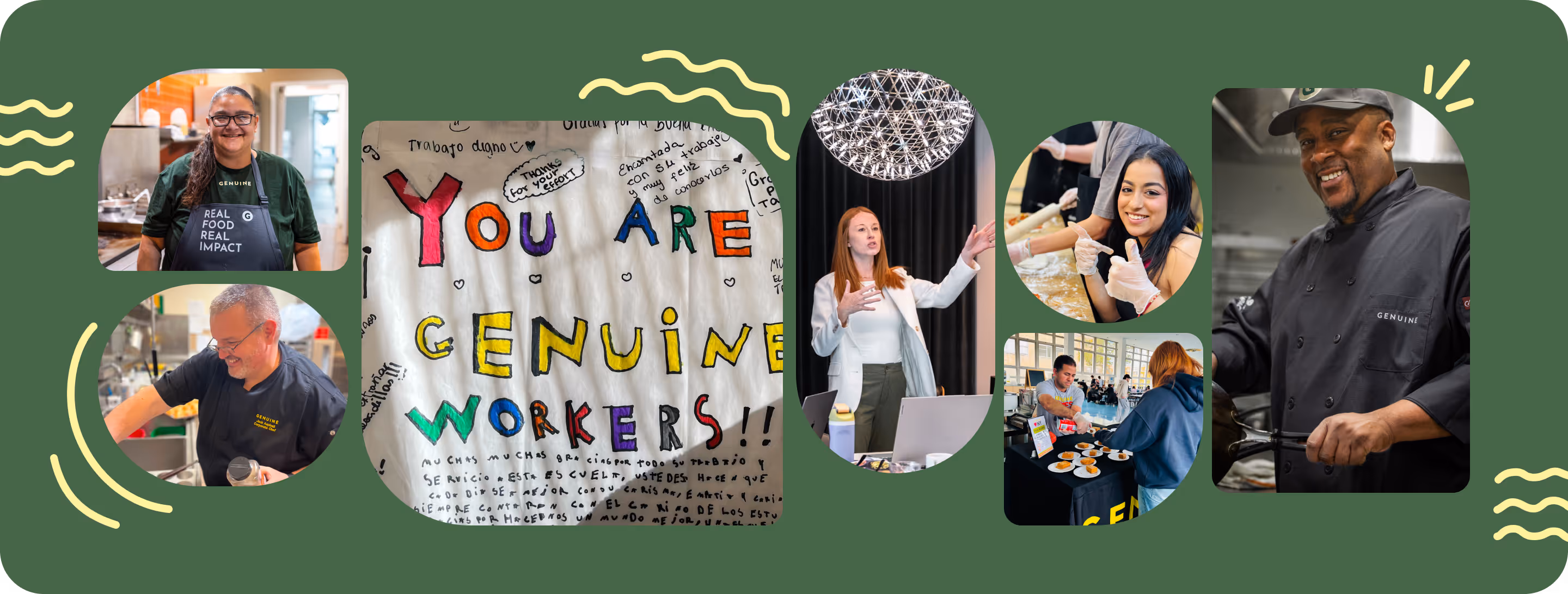 Collage of diverse Genuine workers in a kitchen, a handwritten sign saying 'You are Genuine Workers!!,' a woman giving a presentation, and people serving food at an event.