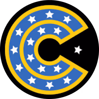 Blue letter C outlined in yellow, decorated with white stars inside and one star outside on a black circular background.
