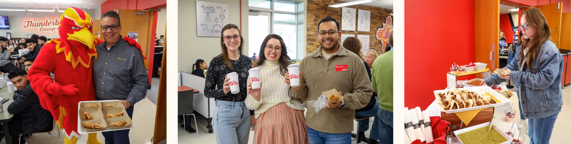 Three images: a person in a red and yellow Thunderbird mascot costume with a man holding a tray of tacos; two women and a man smiling and holding Thunderbird Grill cups and tacos inside a restaurant; a woman in a denim jacket serving herself tacos from a buffet with salsa and guacamole.