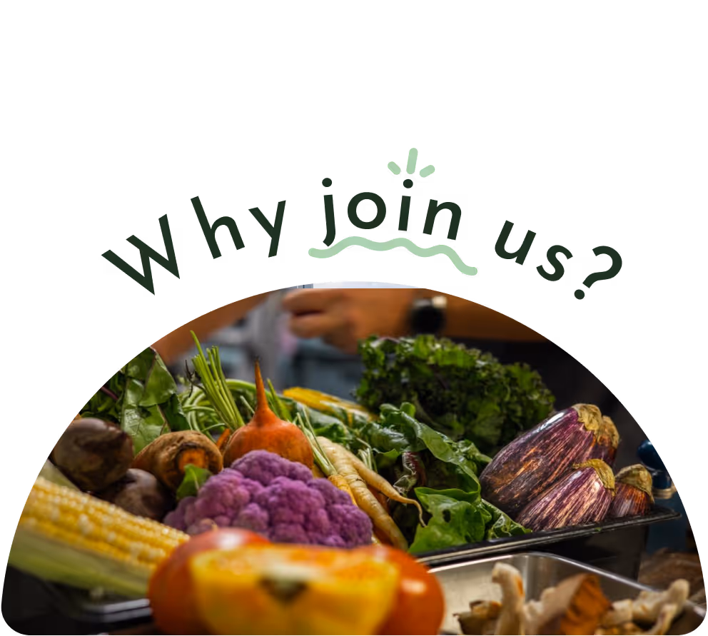 Fresh assorted vegetables including purple cauliflower, corn, eggplants, carrots, and leafy greens in trays with the text 'Why join us?' above.