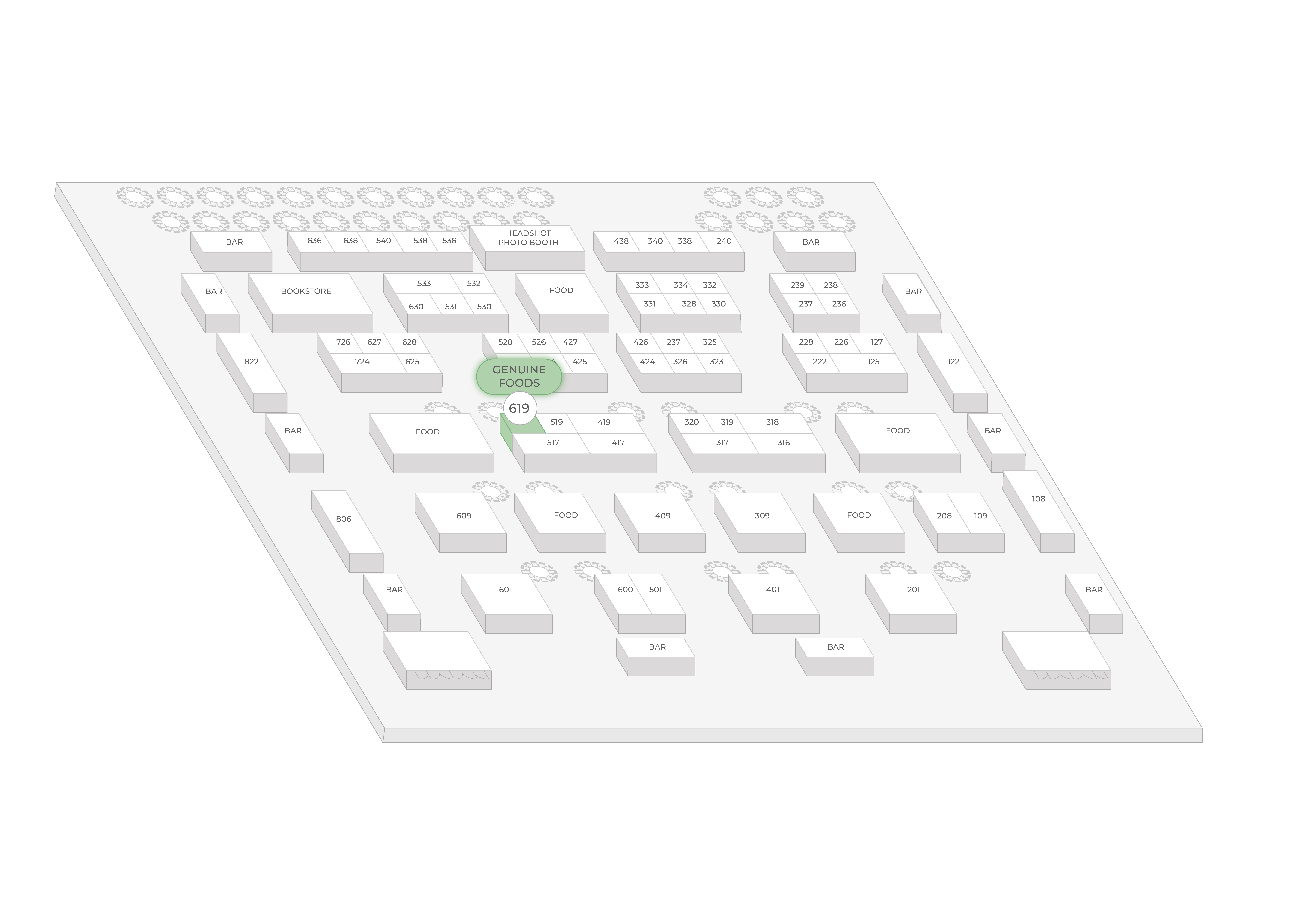 3D floor map of an event space with labeled booths, dining areas, bars, a bookstore, and a headshot photo booth; booth 619 marked as Genuine Foods.