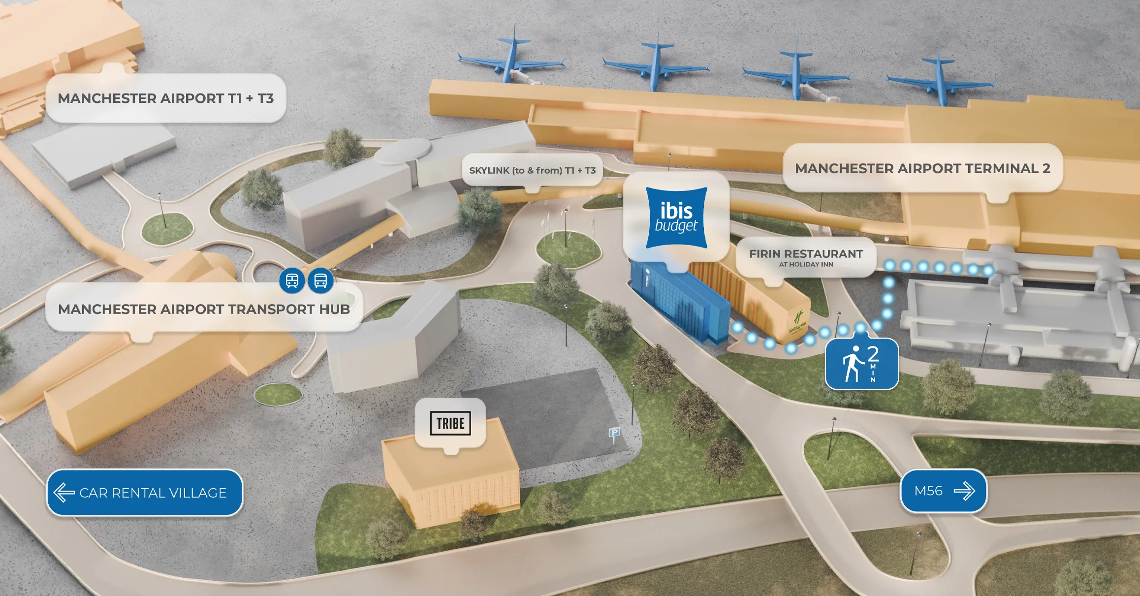 3D map of Manchester Airport and where Ibis Budget is located