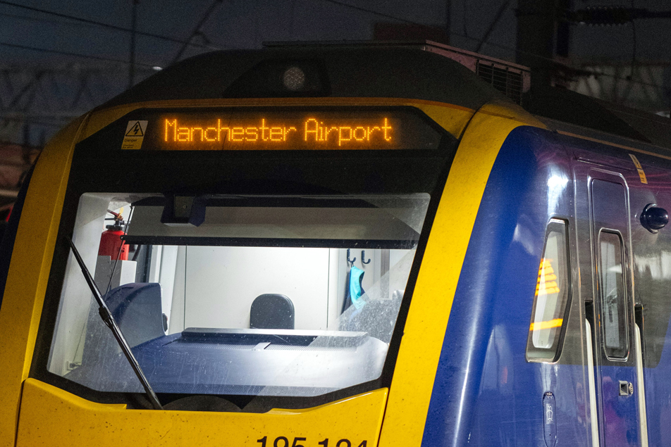 front view Tram for Manchester Airport
