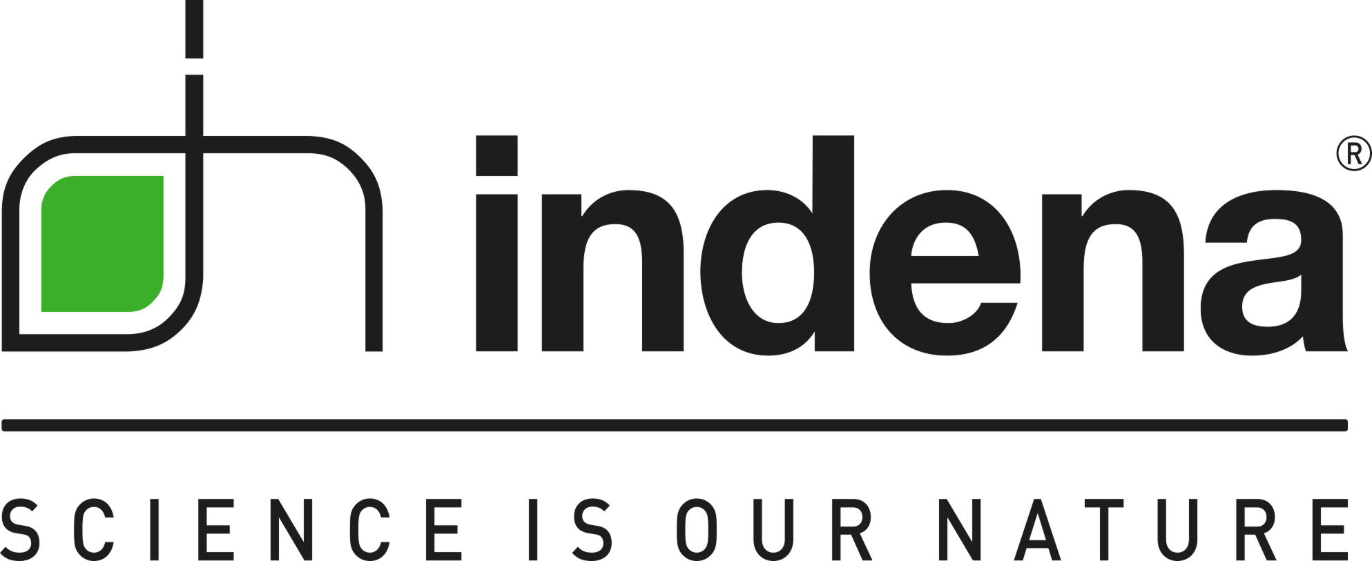 Logo Indena avec un symbole vert et noir et le slogan Science is our nature.