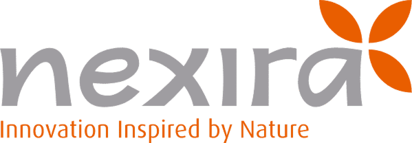 Logo Nexira avec slogan « Innovation inspirée par la nature » et quatre formes orange évoquant une fleur ou feuilles.