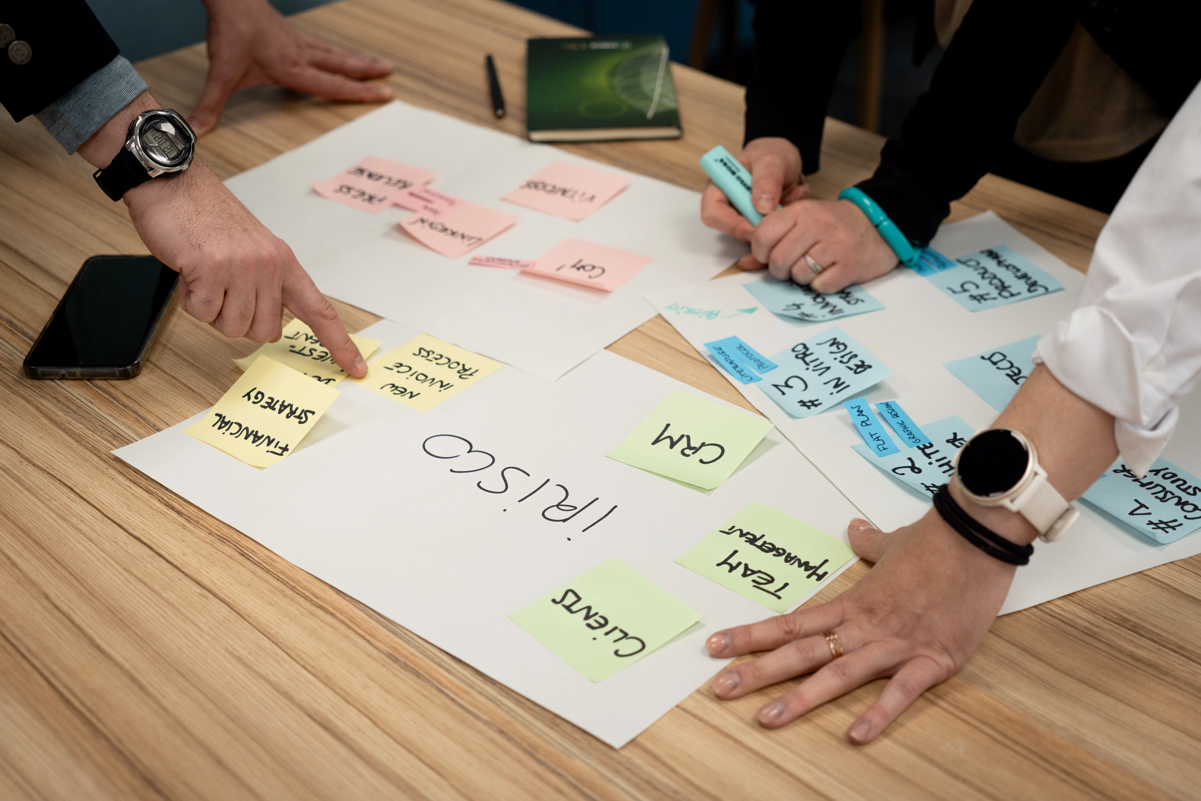 Trois personnes collaborant autour d'une table avec des notes autocollantes de différentes couleurs contenant des mots comme 'Irisco', 'CRM', 'Clients' et 'Stratégie financière'.