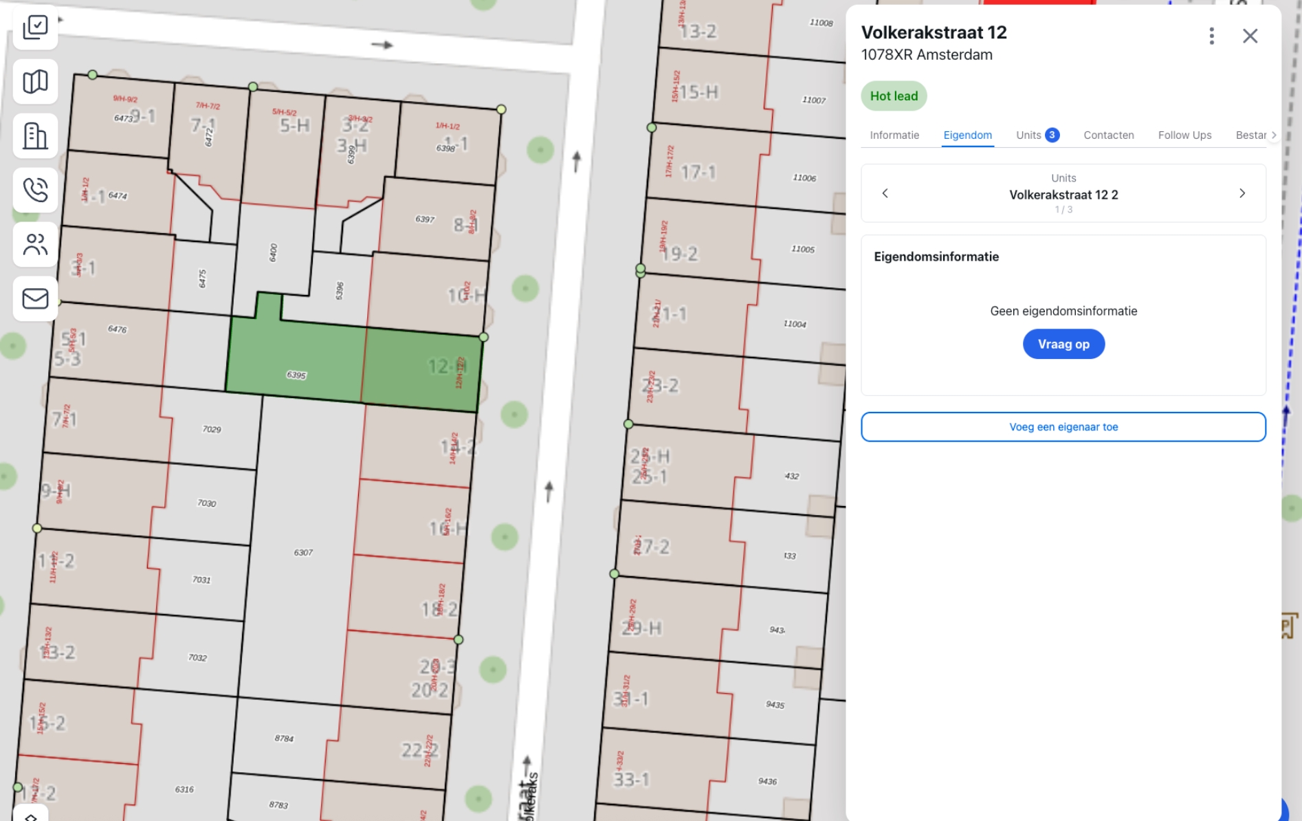 Vastgoedprofessional legt direct contact met pandeigenaren dankzij automatische Kadaster-koppeling die eigendomsinformatie toont.