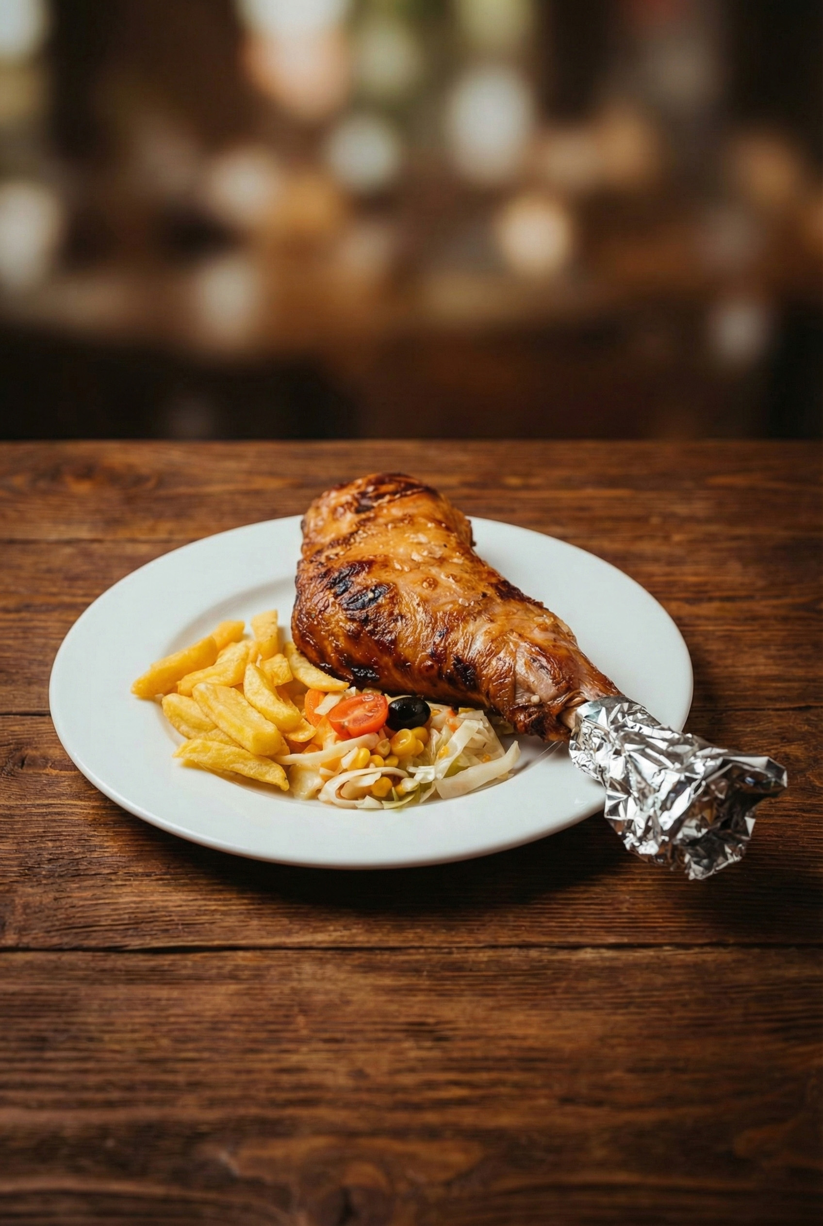 Pierna de pollo asada con papel aluminio en la base, acompañada de papas fritas y ensalada de vegetales sobre plato blanco.