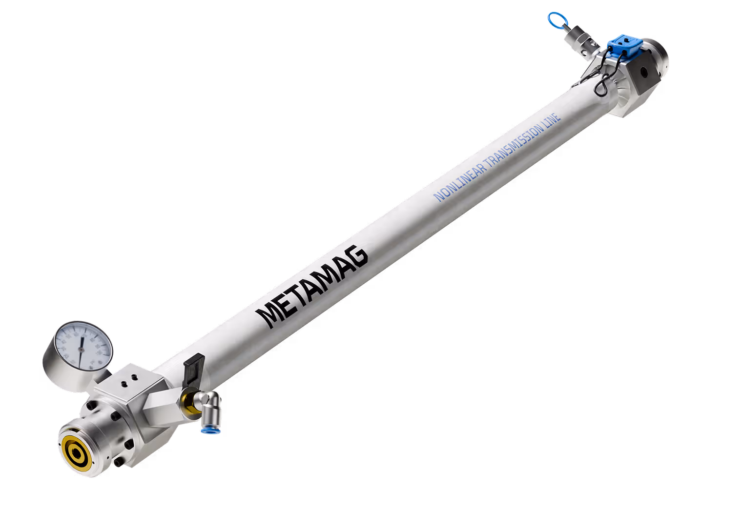 Metal cylindrical device labeled METAMAG with a pressure gauge and fittings, identified as a nonlinear transmission line.