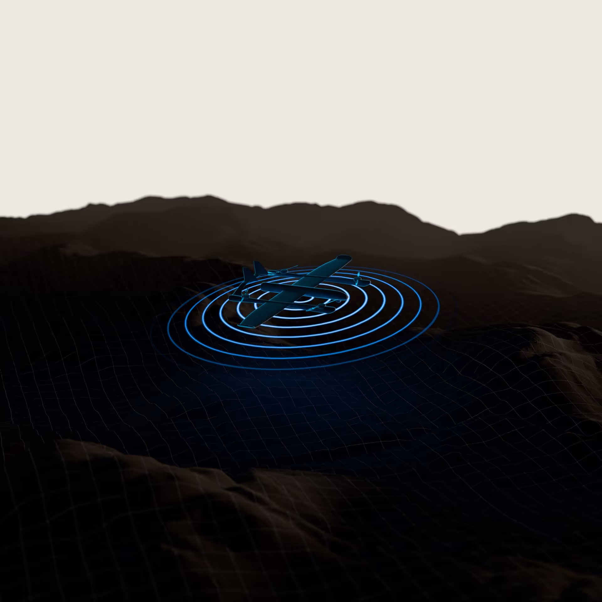 Digital illustration of an airplane with concentric blue radar waves over a dark mountainous terrain.