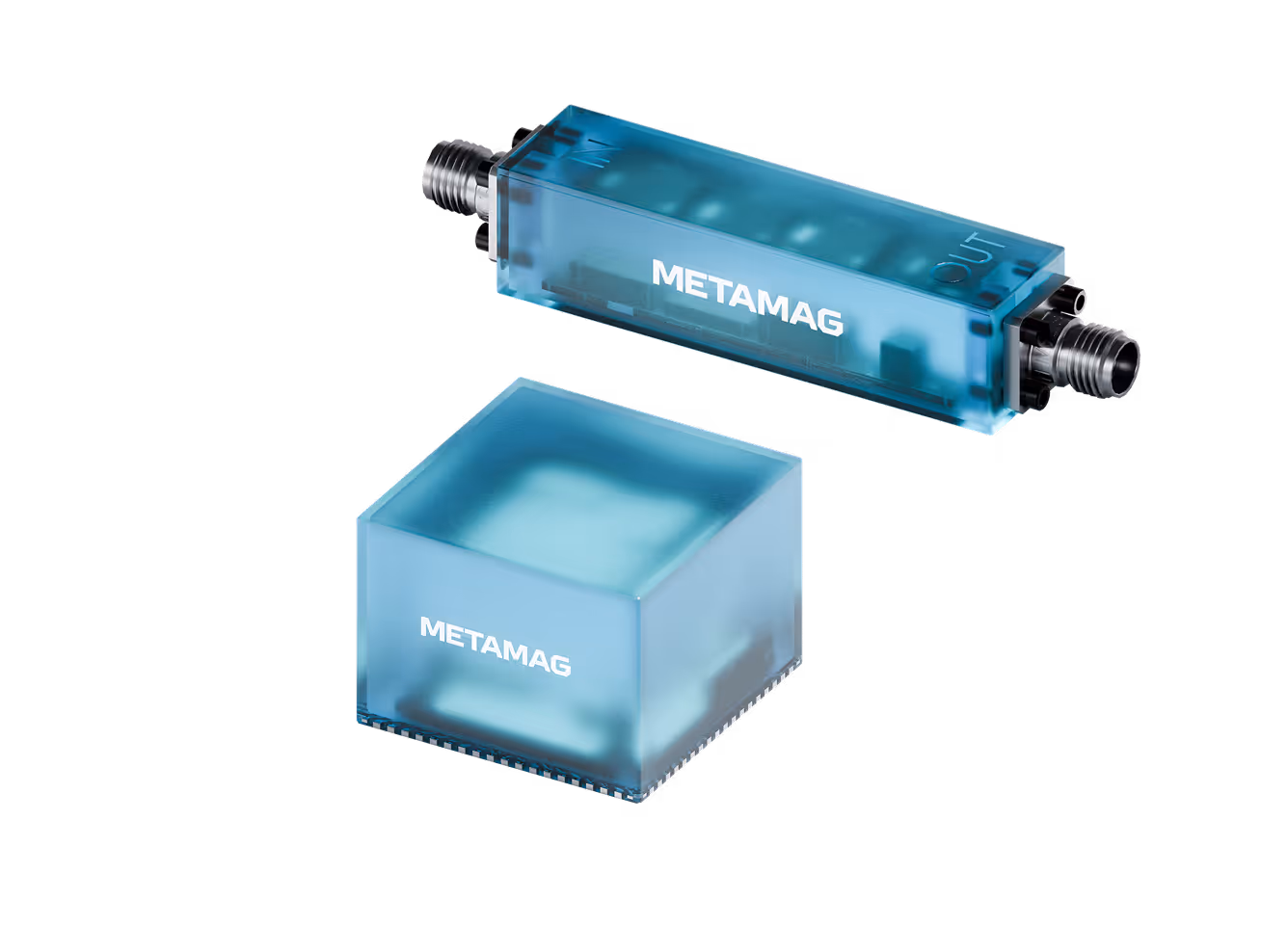 Two translucent blue electronic devices labeled METAMAG, one rectangular with metal connectors and one cube-shaped.