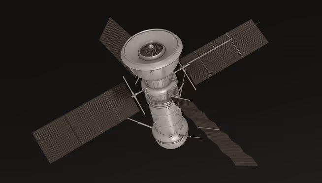 3D model of a satellite with four large solar panels extending from its cylindrical body.