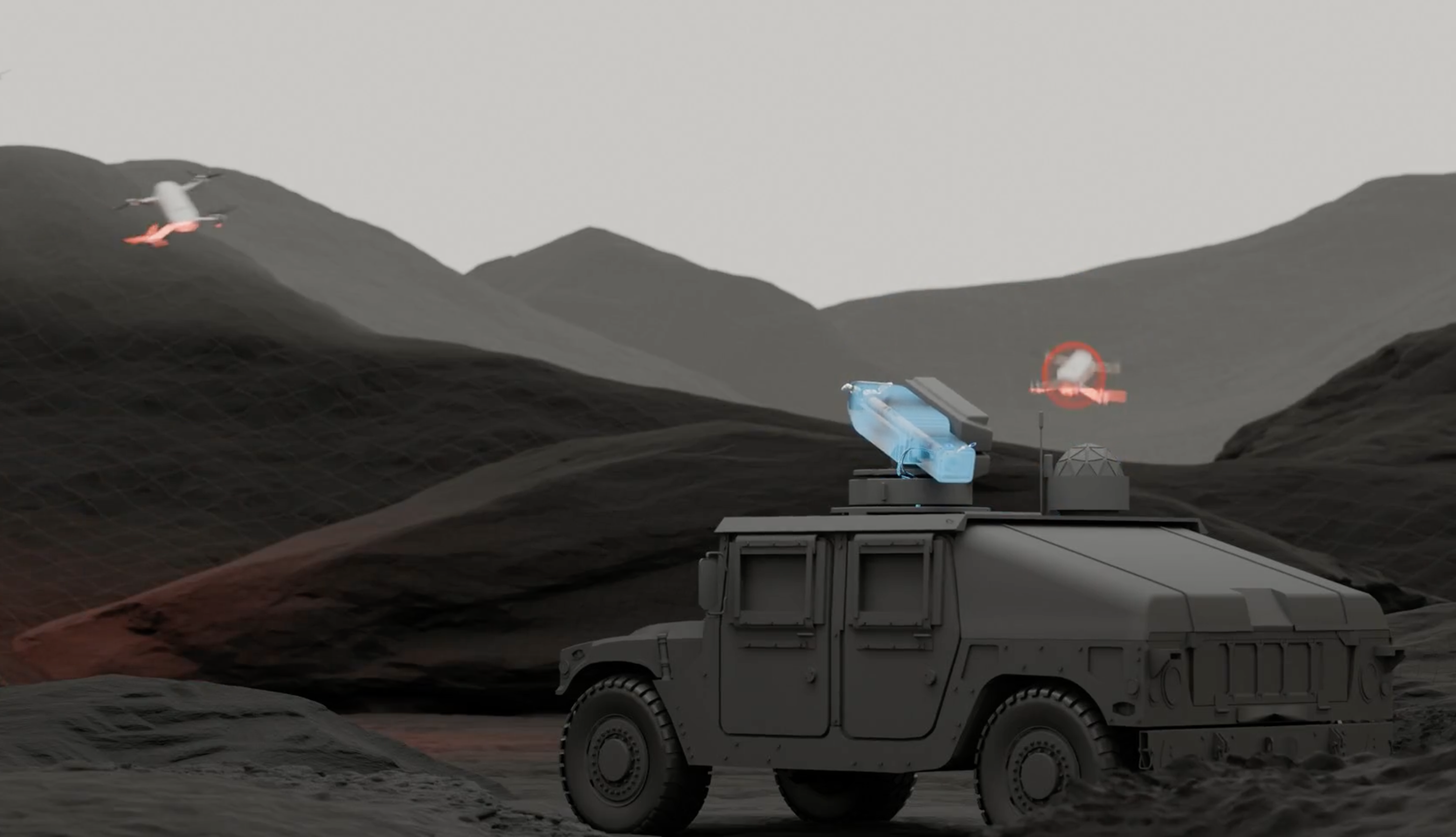Military vehicle equipped with mounted weapon targeting two drones in a mountainous terrain.