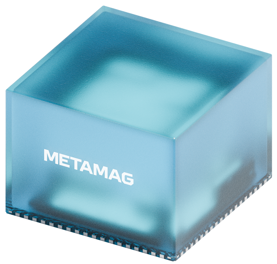 Translucent blue square cube with the word METAMAG in white on one side.