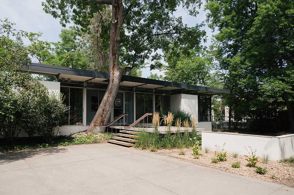Modern single-story building with large glass windows, a small staircase, surrounded by trees and greenery.