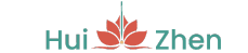 Logo Hui Zhen avec une fleur de lotus, et une aiguille au centre qui pointe vers un point jaune.