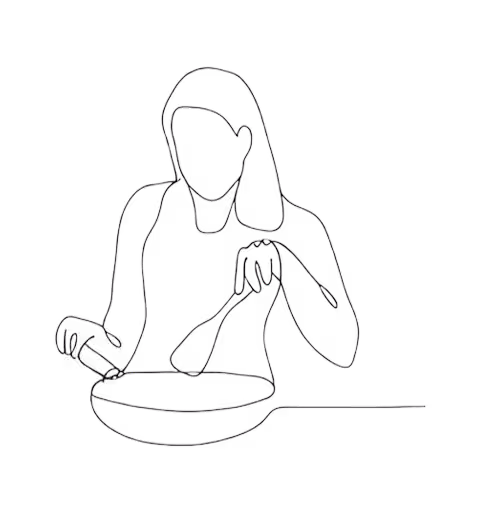 Line drawing of a person cooking with a frying pan and spatula.
