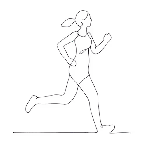 Line drawing of a woman running with her hair in a ponytail.