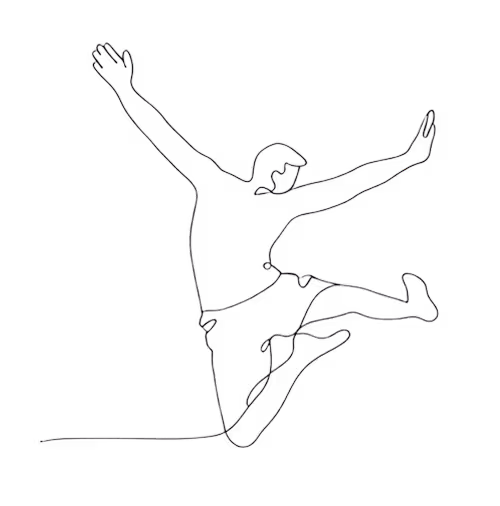 Continuous line drawing of a person joyfully jumping with arms and legs outstretched.