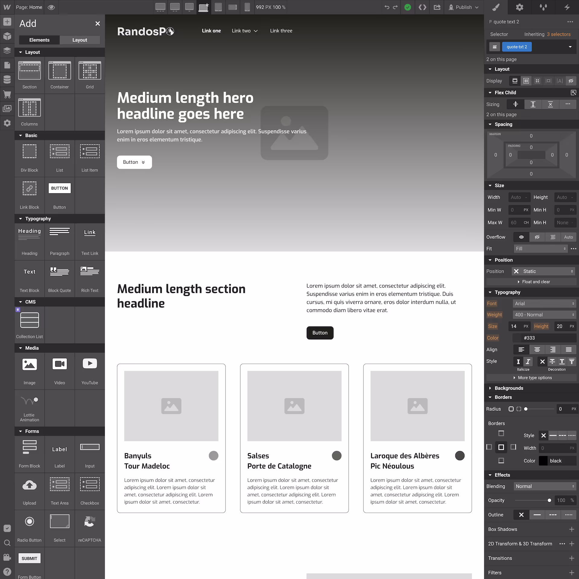 L'interface d'un outil de conception web présente une maquette filaire avec un en-tête dégradé de gris et un texte d'espace réservé. Les panneaux latéraux affichent les options des éléments et les outils de style.