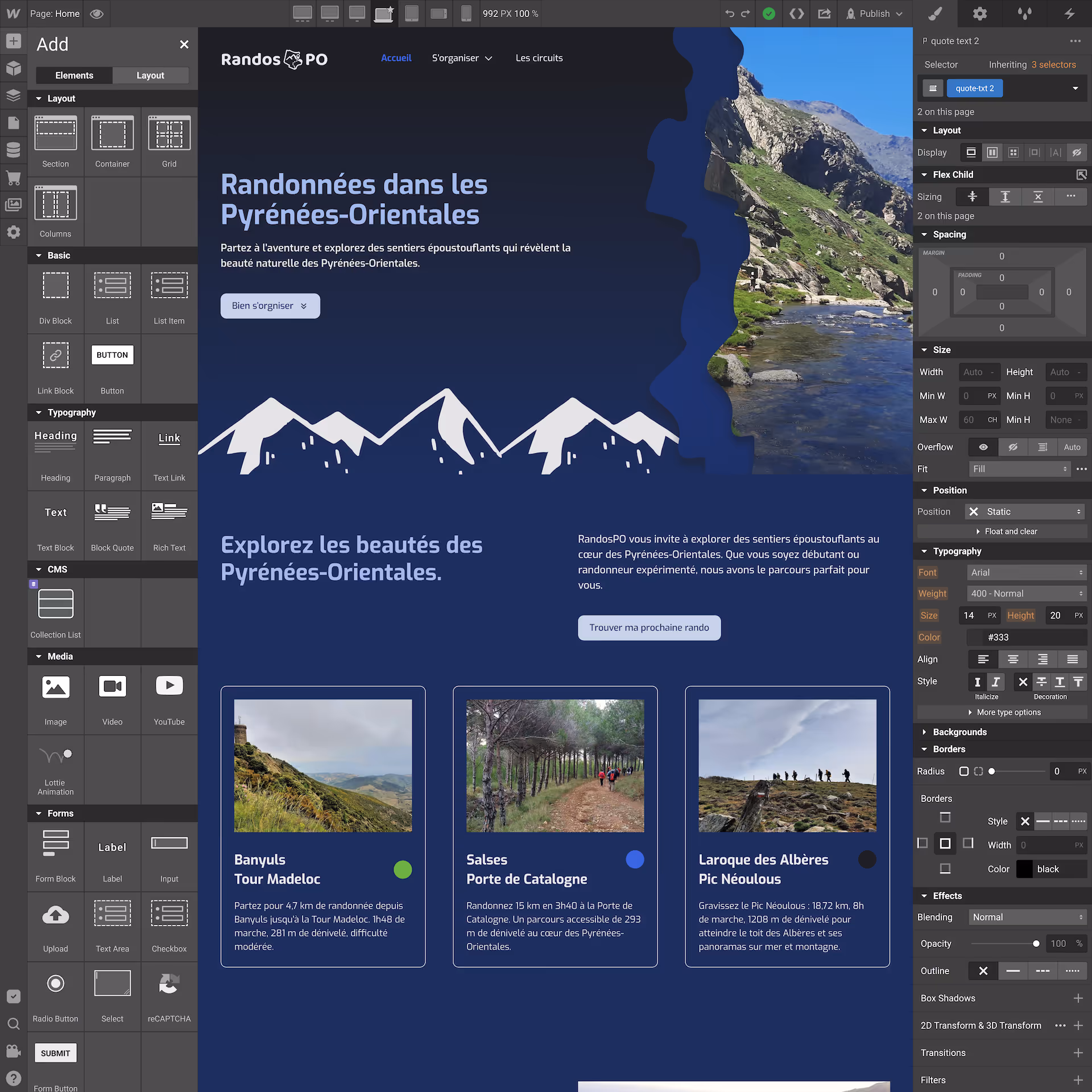 Conception d'une page web pour un site de randonnée dans les Pyrénées-Orientales. Comprend des graphiques de montagne, des descriptions de randonnées et une barre de navigation latérale avec des outils d'édition.