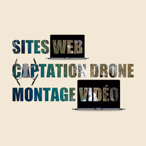 Collage composé des mots « Sites Web », « Capture Drone » et « Montage Vidéo » en caractères gras et texturés. Deux ordinateurs portables et un drone mettent en valeur la composition.
