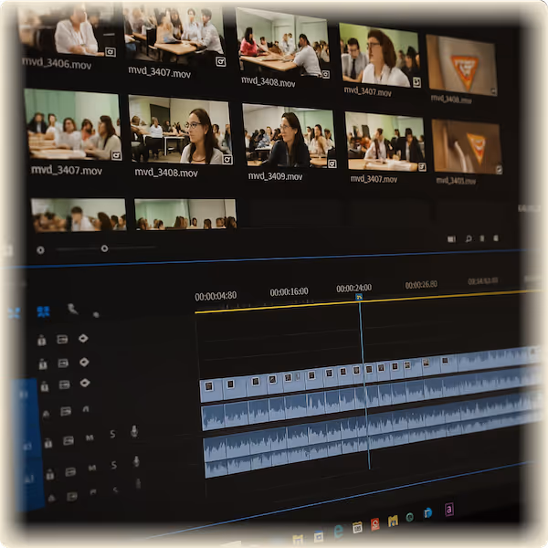 Une interface de montage vidéo affichant plusieurs clips vidéo, montrant des personnes en discussion, sous forme de vignettes. Une chronologie avec les formes d'onde audio est visible.
