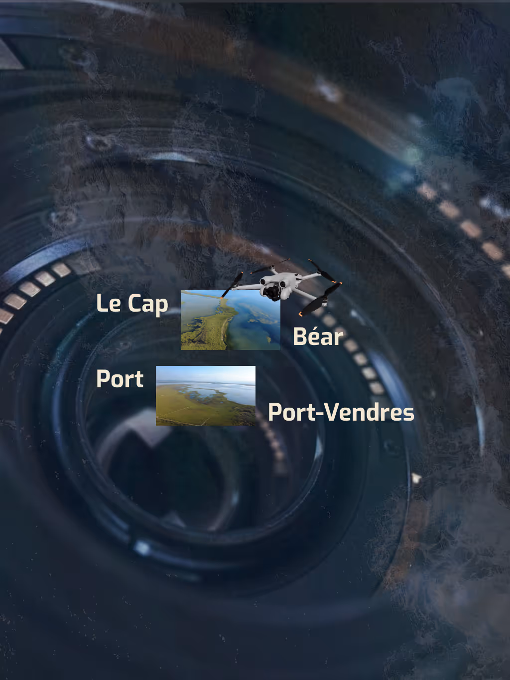 Des vues aériennes du Cap Béar et de Port-Vendres ont été capturées par un drone. L'arrière-plan de l'image principale, qui évoque un objectif d'appareil photo, crée une ambiance futuriste.