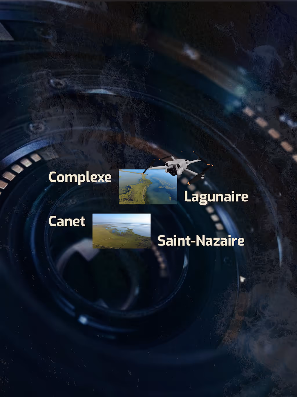 Des vues aériennes du Cap Béar et de Port-Vendres ont été capturées par un drone. L'arrière-plan de l'image principale, qui évoque un objectif d'appareil photo, crée une ambiance futuriste.