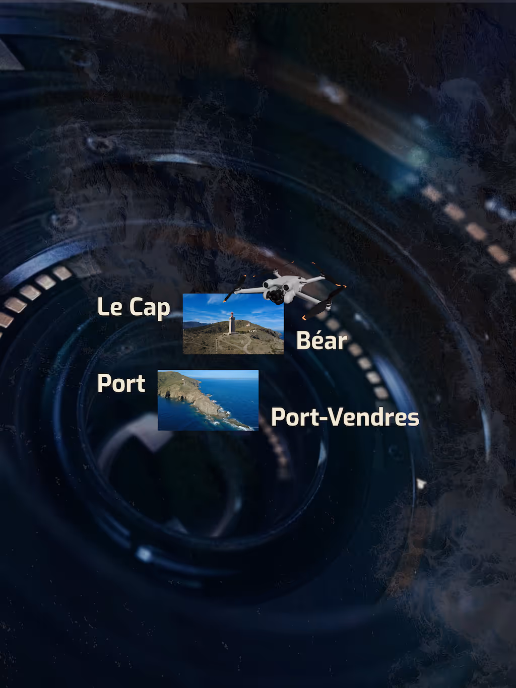 Des vues aériennes du Cap Béar et de Port-Vendres ont été capturées par un drone. L'arrière-plan de l'image principale, qui évoque un objectif d'appareil photo, crée une ambiance futuriste.