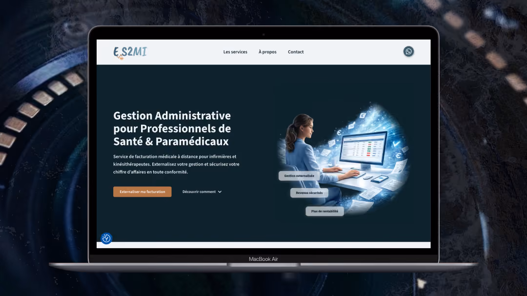Écran d’ordinateur portable affichant le site ES2MI sur la gestion administrative en santé et paramédical, avec une professionnelle au travail.