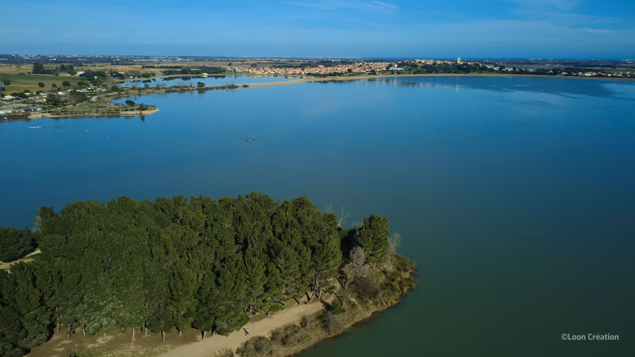 Vue aérienne d'un lac bleu paisible bordé d'arbres luxuriants, de zones humides et d'une ville côtière au loin, sous un ciel dégagé.